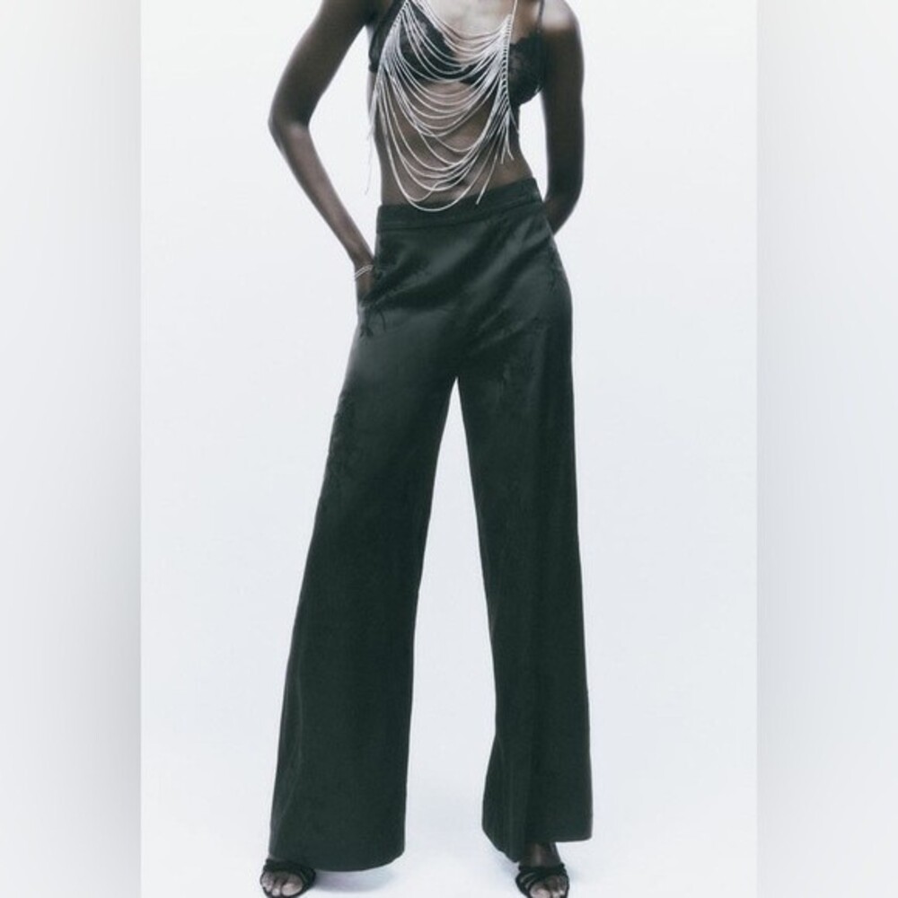 ZARA EMBROIDERED SATIN EFFECT PANTS